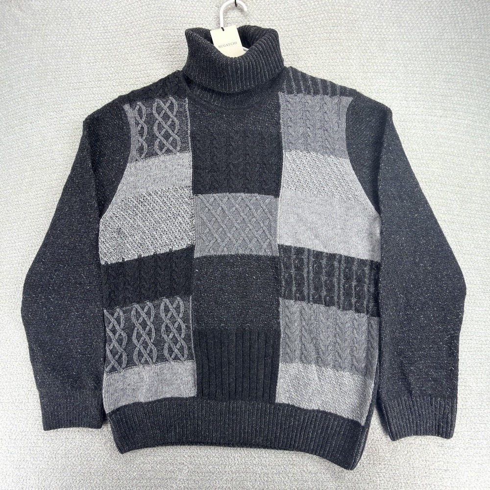 NWT Bugatchi Mixed Stitch Turtleneck Sweater Mens L Wool Cotton Gray Patchwork